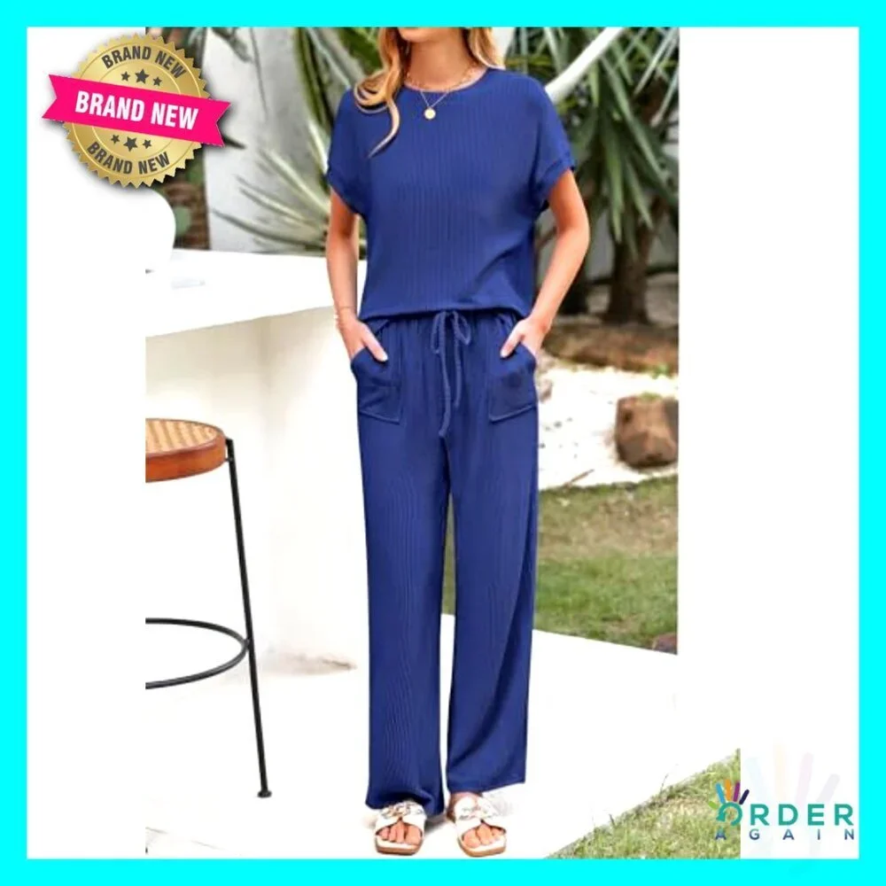 Ribbed Knit Lounge Set Short Sleeve Top Wide Leg Pants Casual Chic